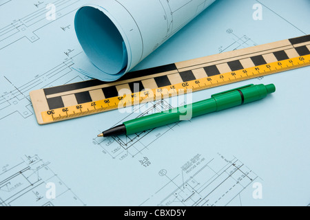 Picture of construction blueprint drawings Stock Photo