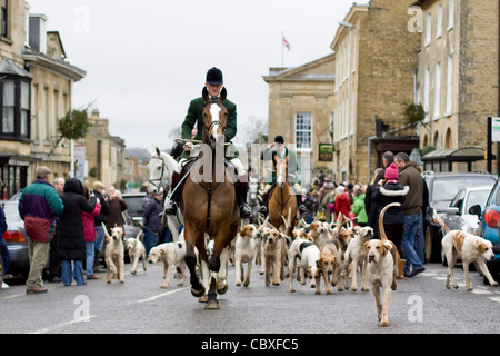 Fox Hounds being lead through the village of Chipping Norton by the Master of the hunt upon a horse for the boxing day meet Stock Photo