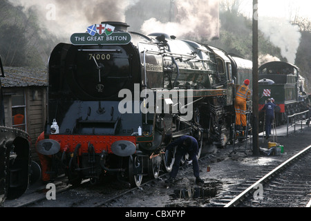 Duke of Gloucester 71000 being prepared in the early morning at Bewdley Station before starting the day's running schedule Stock Photo