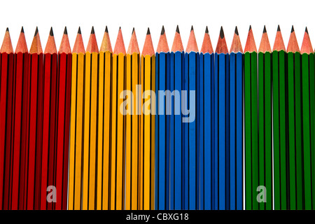 Pencils Blue Red and Yellow Isolated on White Background and reflected grey Stock Photo