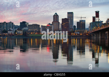 Portland Oregon Downtown Waterfront Skyline and Historic Hawthorne Bridge at Sunset Stock Photo