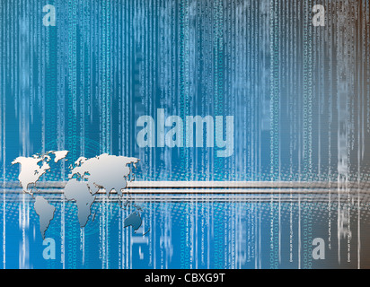 Global world map with binary matrix background. Falling sign on dark ...