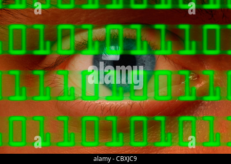 Close-up of eyeball watching digital binary code Stock Photo
