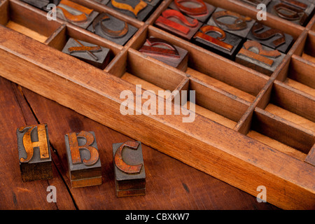 A, B and C letters in vintgae wooden letterpress type (Abbey typeface) with old typesetter case in background, Stock Photo