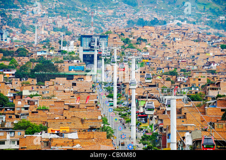Cablecar Metrocable, poor quarter Comuna 13, Medellin, Colombia, South America Stock Photo