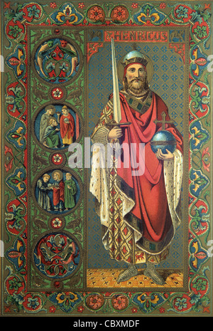Henry II (Holy Roman Empire) called Henry the Saint (973-1024) or Saint Henry the Exuberant German King & Holy Roman Emperor (1002-24) Holding A Sword and Orb. Chromolithograhy c1890 Stock Photo