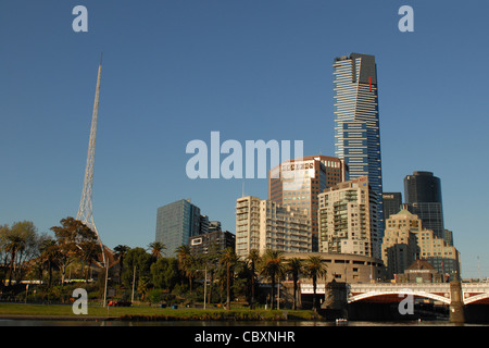 Looking towards Southbank and Eureka Tower from Birrarung Marr Park in the centre of Melbourne, capital of Victoria, Australia