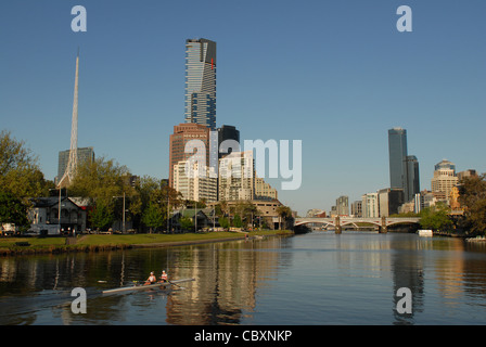 Early morning at the Yarra river with Southbank, Eureka Tower, Victoria Arts Centre (l.) and the CBD (r.) of Melbourne, Victoria Stock Photo