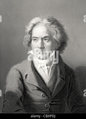 Portrait of Ludwig van Beethoven (1770-1827) German Composer. c19th Engraving by W. Holl from Painting by Kloeber. Vintage Illustration Stock Photo