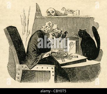 1854 engraving, witch fortune teller and black cat. Stock Photo