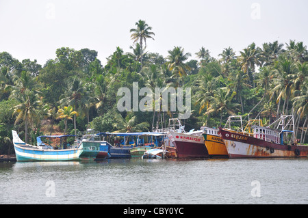 Fishing Boats in Kollam backwater, Kerala. Stock Photo