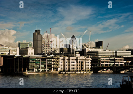 View from Tate modern towards financial district of London showing the Gherkin building and Vintners Hall. Stock Photo