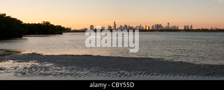 Beautiful panorama of the Miami skyline at sunset, from Key Biscayne Stock Photo