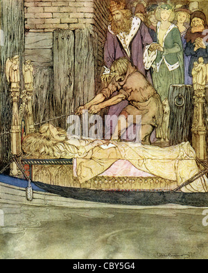 King Arthur and Guinevere bidding farewell to the corpse of Elaine, the daughter of Bernard of Astolat. Stock Photo