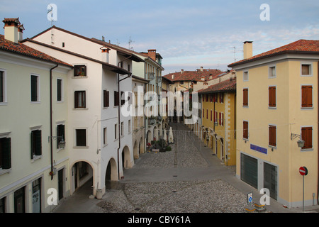 Corso Roma with view on the 'Palazzo Monaco' in the historical center of Spilimbergo, Italy Stock Photo