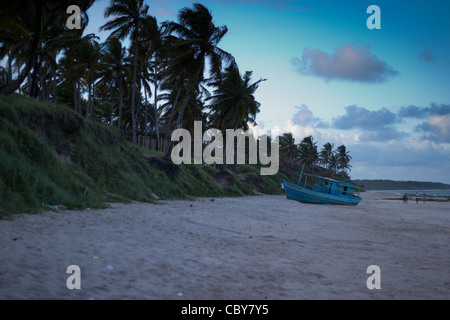 Stranded blue boat in praia do Frances, Maceio - Alagoas, Brazil Stock Photo