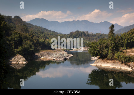 India, Arunachal Pradesh, Along, Himalayan fothills reflected in Siyom River Stock Photo