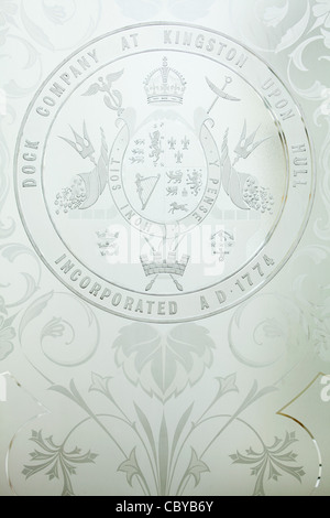 Etched glass in the Maritime Museum, Hull, East Yorkshire. Stock Photo