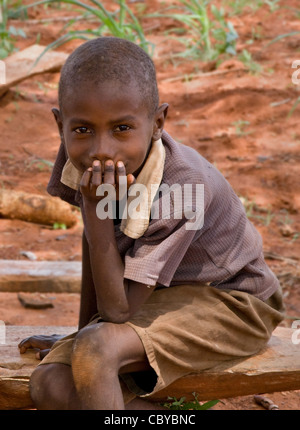 Portrait of Kenyan boy hiding a smile behind his hand Stock Photo