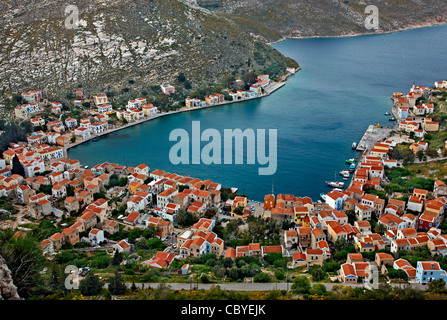 Panoramic view of the village and harbor of Kastellorizo island from the path that goes to Saint George Monastery. Greece Stock Photo