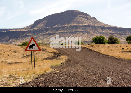 Elephant Crossing Road Sign - Damaraland, Namibia, Africa Stock Photo