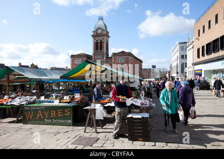 Open air market and market hall in the historic town of Chesterfield in the Peak District Stock Photo