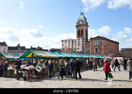 Open air market and market hall in the historic town of Chesterfield in the Peak District Stock Photo