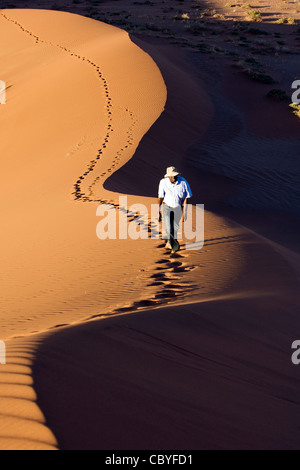 Person Climbing Dunes - Sossusvlei National Park - Namib-Naukluft National Park, Namibia, Africa Stock Photo