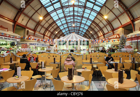 Interior view of the Grainger Market with the café in the foreground, Newcastle, north east England UK Stock Photo