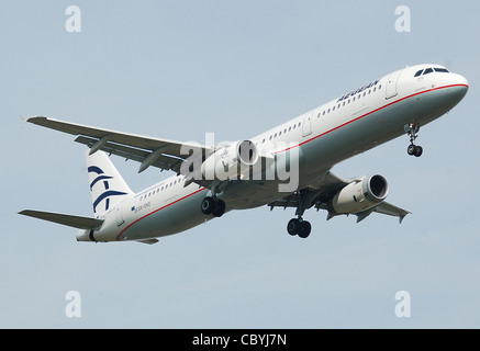 Aegean Airlines Airbus A321-200 (SX-DVO) lands at London Heathrow Airport, England. Stock Photo