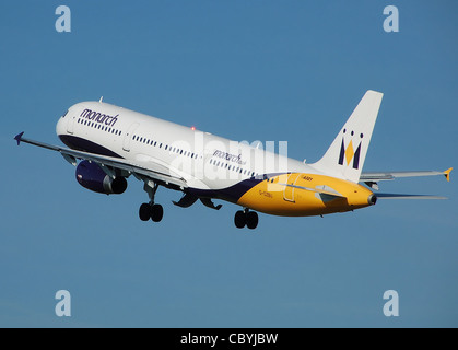 Monarch Airlines Airbus A321-200 (G-OZBU) takes off at Manchester Airport, England. Stock Photo