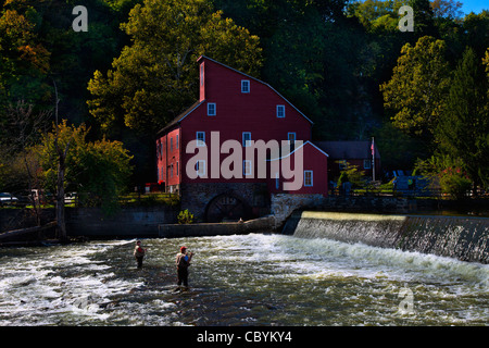 Fly fishermen at the Red Mill in Clinton, New Jersey. Stock Photo
