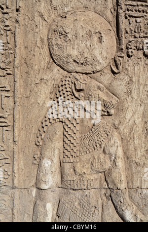 Close up of the lion goddess Repyt  in the Ptolemaic Temple at Wanina, near Akhmim in the Governorate of Sohag, Middle Egypt Stock Photo