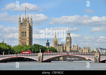 Lambeth Bridge crossing River Thames Houses of Parliament Westminster including Victoria Tower & Big Ben beyond Lambeth Iconic London England UK Stock Photo