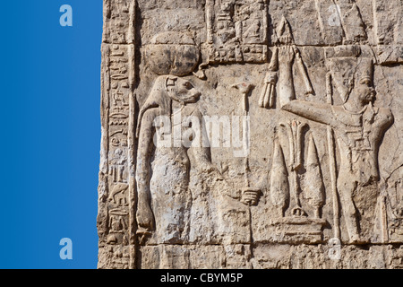 Close up of relief work and decoration in the Ptolemaic Temple at Wanina, near Akhmim in the Governorate of Sohag, Middle Egypt Stock Photo