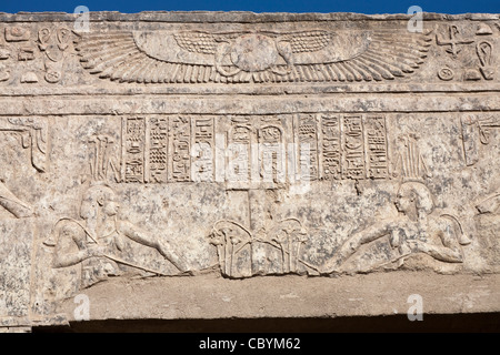 Close up of relief work and decoration in the Ptolemaic Temple at Wanina, near Akhmim in the Governorate of Sohag, Middle Egypt Stock Photo