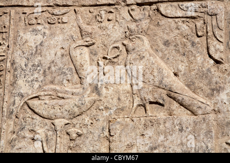 Close up of relief work and decoration in the Ptolemaic Temple at Wanina, near Akhmim in the Governorate of Sohag, Middle Egypt Stock Photo