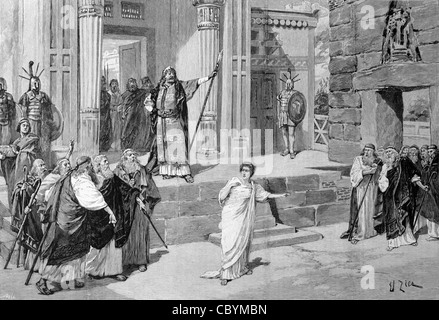Antigone, Daughter of Oedipus and his Mother Jocasta. Greek Tragedy and Play by Sophocles. Depicted in front of the Lion Gate in Mycenae Ancient Greece. Vintage Illustration or Engraving Stock Photo