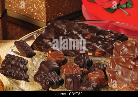 Plate of valentine candy with red heart box Stock Photo