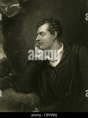 1829 engraving of Lord Byron. Stock Photo