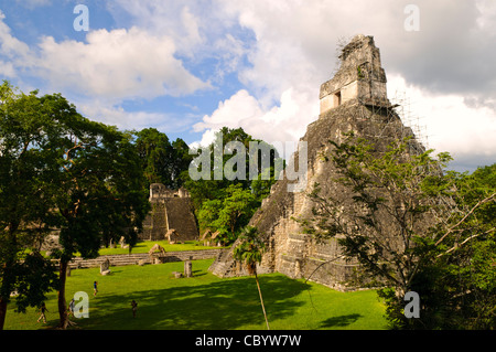 Temple 1, also known as the Temple of the Great Jaguar or Temple of Ah Cacao in the Tikal Maya ruins in northern Guatemala, now enclosed in the Tikal National Park. At the left of frame is the Main Plaza. Stock Photo