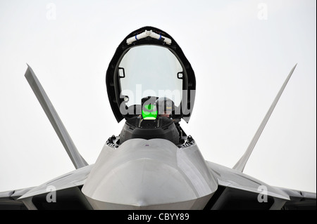 Capt. Blaine Jones, 1st Fighter Wing pilot, checks the cockpit of an F-22 Raptor before closing the canopy Nov. 30, 2009, at an airfield in Southwest Asia. Captain Jones is participating in the Iron Falcon exercise while on temporary duty from Langley Air Force Base, Va. He is from Kingman, Kan Stock Photo