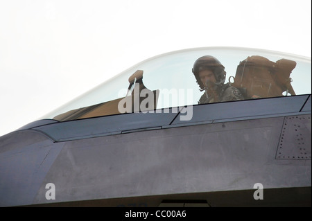 Capt. Blaine Jones, 1st Fighter Wing pilot, prepares to taxi an F-22 Raptor Nov. 30, 2009, at an airfield in Southwest Asia. Captain Jones is participating in the Iron Falcon exercise while on temporary duty from Langley Air Force Base, Va. Captain Howard is from Kingman, Kan. Stock Photo