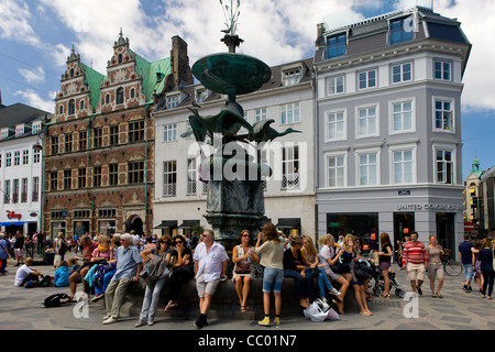 View to the Stork Fountain at Amager Square a part of the Stroget pedestrian zone in Copenhagen Stock Photo