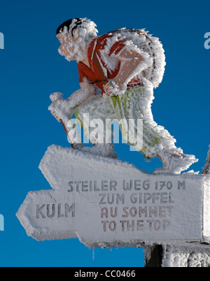 Frozen, snow covered sign post, Mt Rigi, Switzerland Stock Photo