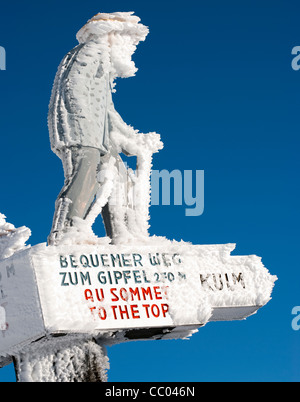 Frozen, snow covered sign post, Mt Rigi, Switzerland Stock Photo