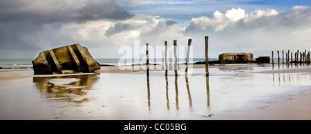 Second World War Two concrete blockhouses on beach at Wissant, Nord-Pas de Calais, France Stock Photo