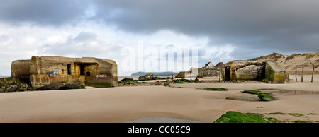 Second World War Two concrete blockhouses on beach at Wissant, Nord-Pas de Calais, France Stock Photo