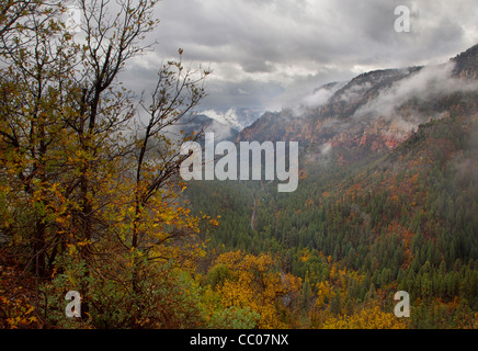 As seen from Oak Creek Vista Overlook, a passing autumn storm lingers in Oak Creek Canyon near Sedona, Arizona, USA Stock Photo