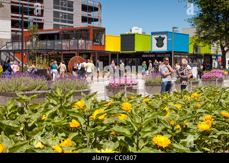 Shopping mall made from shipping containers in central Christchurch New Zealand. Stock Photo